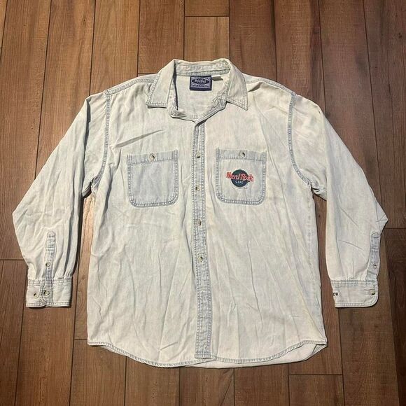Hard‎ Rock Cafe denim chambray button up long sleeve shirt size medium - Picture 1 of 8
